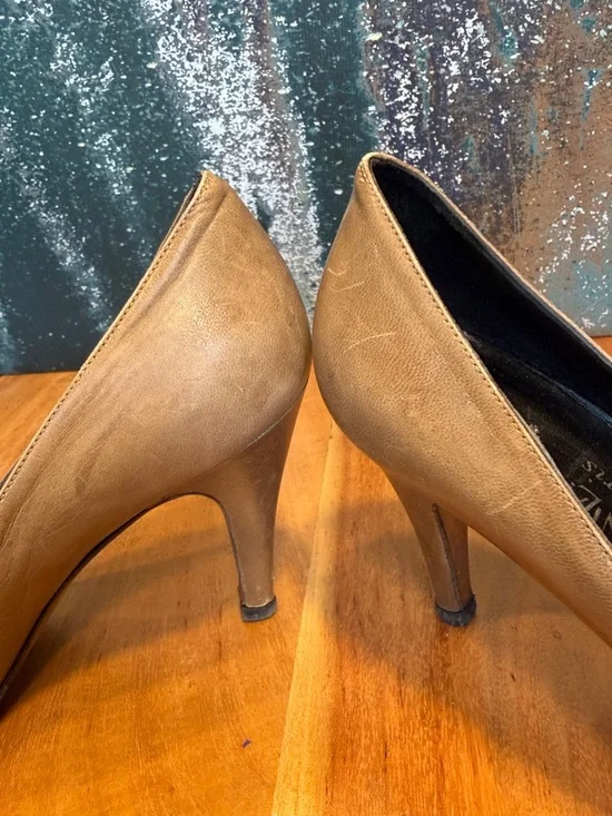 Yves Saint Laurent Vintage 90s Quiet Luxury Leather Peep Toe Heels Taupe/Tan - Picture 14 of 17